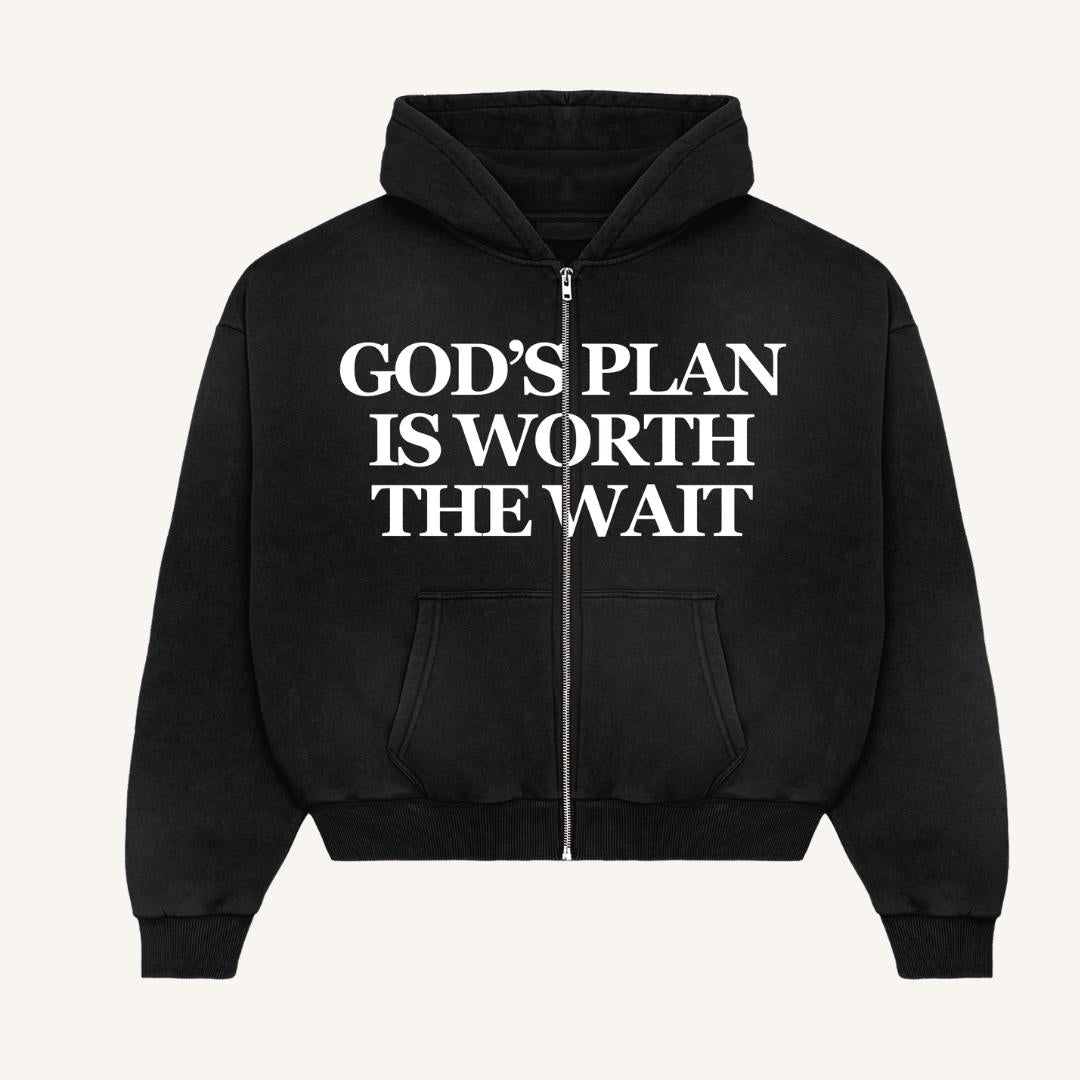 God's Plan Is Worth the Wait black zip hoodie by REBIRTH