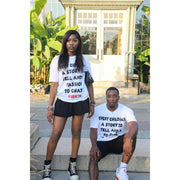 A man and a woman wearing White half sleeve tee with a design that shows "EVERY CHILD HAS A STORY TO TELL AND A PASSION TO CHASE" and R3Birth logo