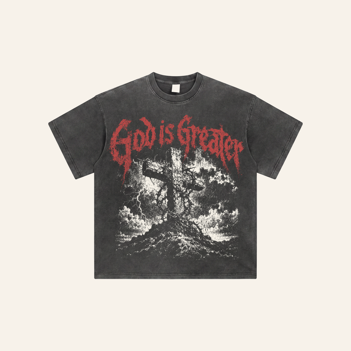 God Is Greater Tee black flat lay on cream background