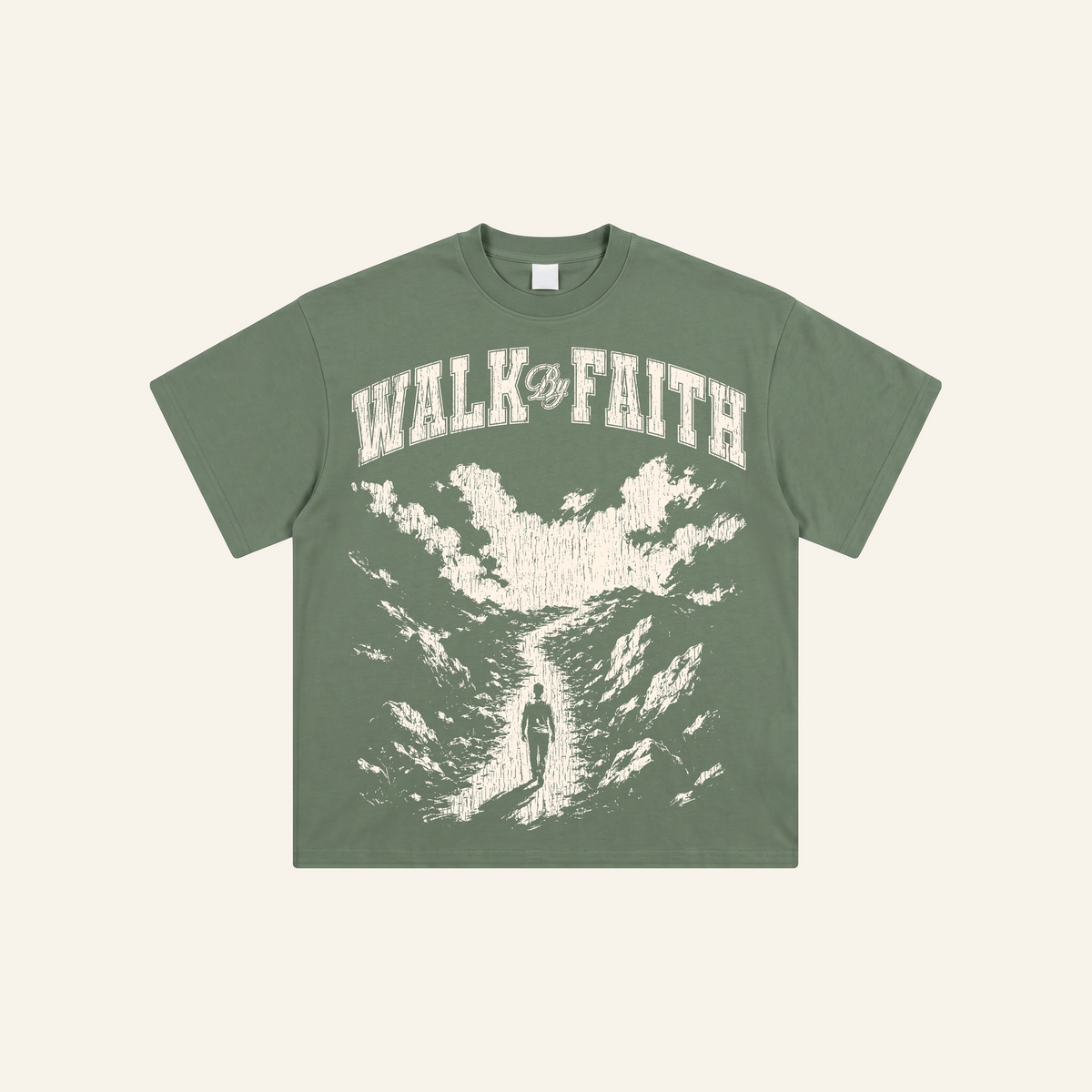 Walk By Faith Tee flat lay on cream background